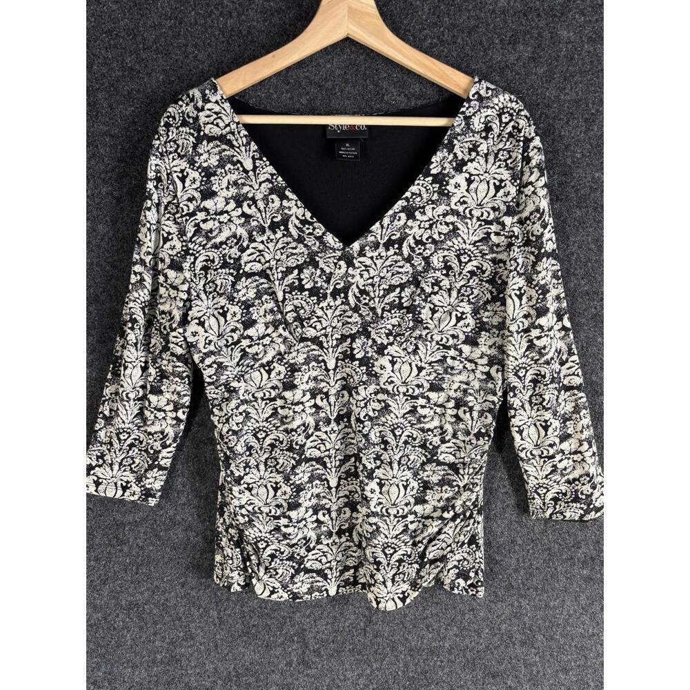 Style & Co. Blouse Women XL Black Geometric V-Neck 3/4 Sleeve Pullover Casual